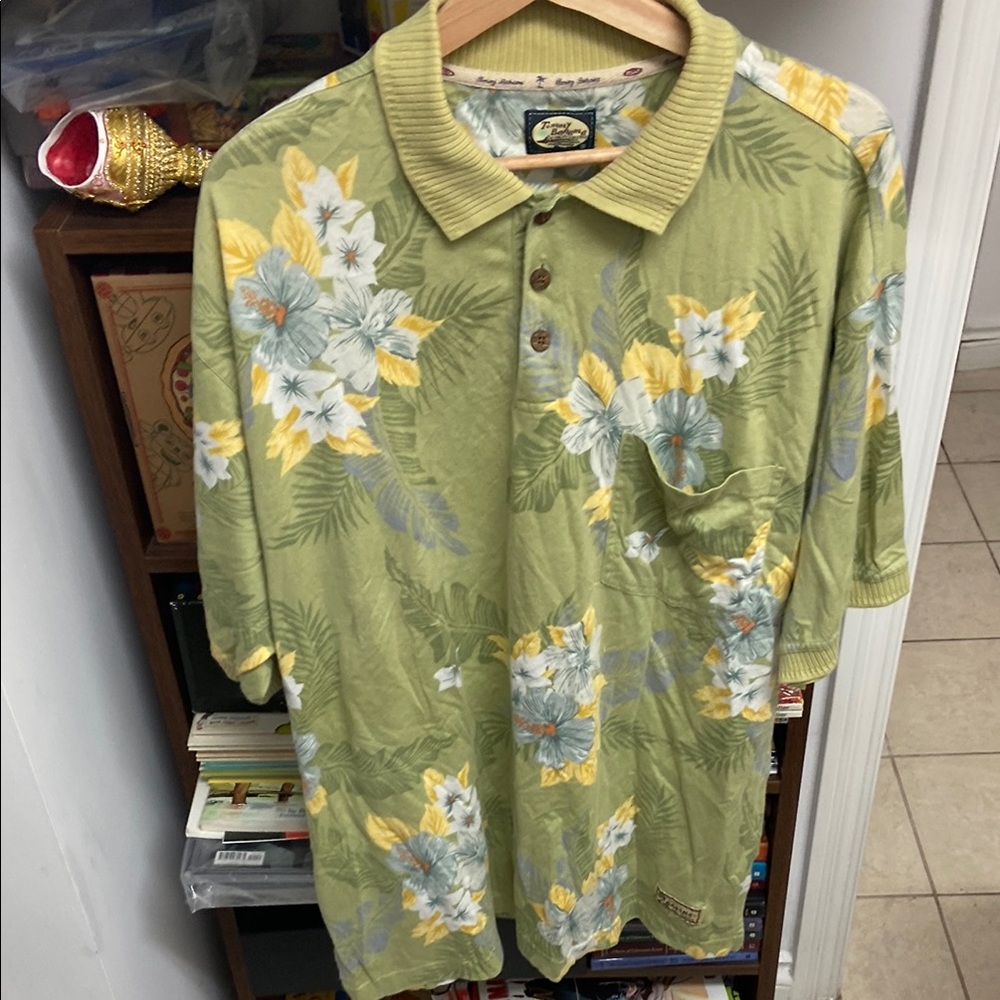 Vintage Tommy Bahama Green and Yellow Polo Shirt with Floral Design